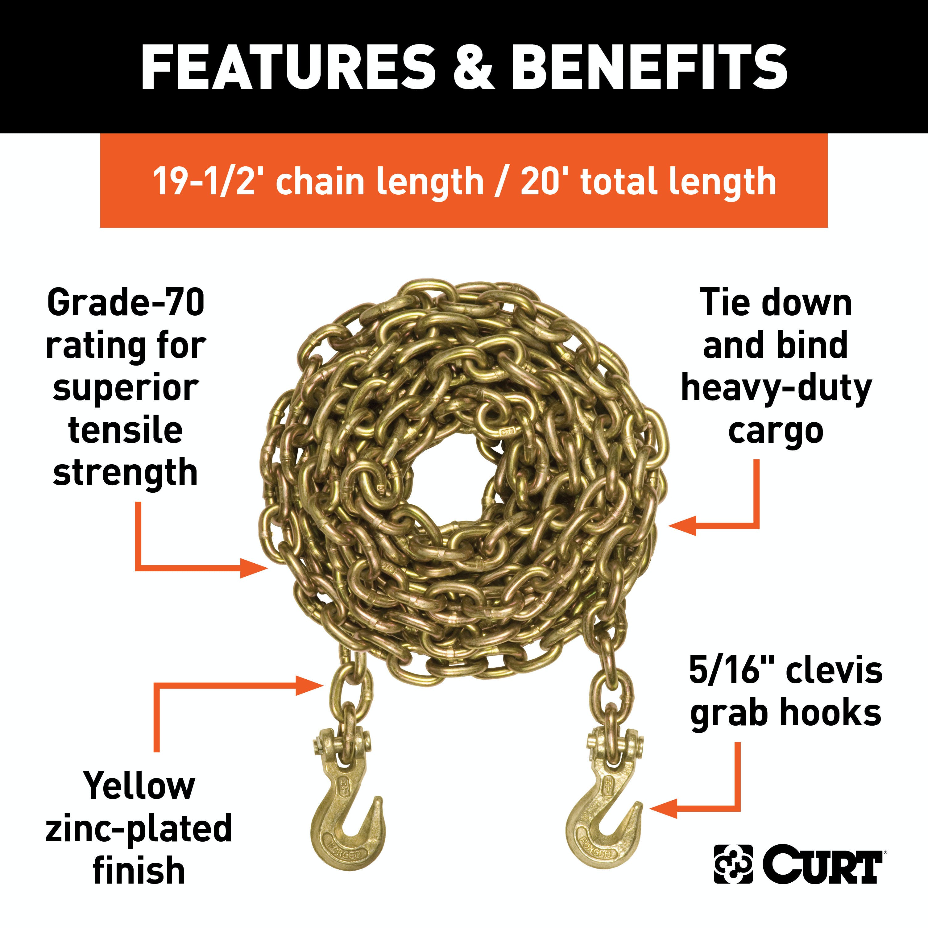 CURT 80307 20' Transport Binder Safety Chain with 2 Clevis Hooks (18,800 lbs, Yellow Zinc)