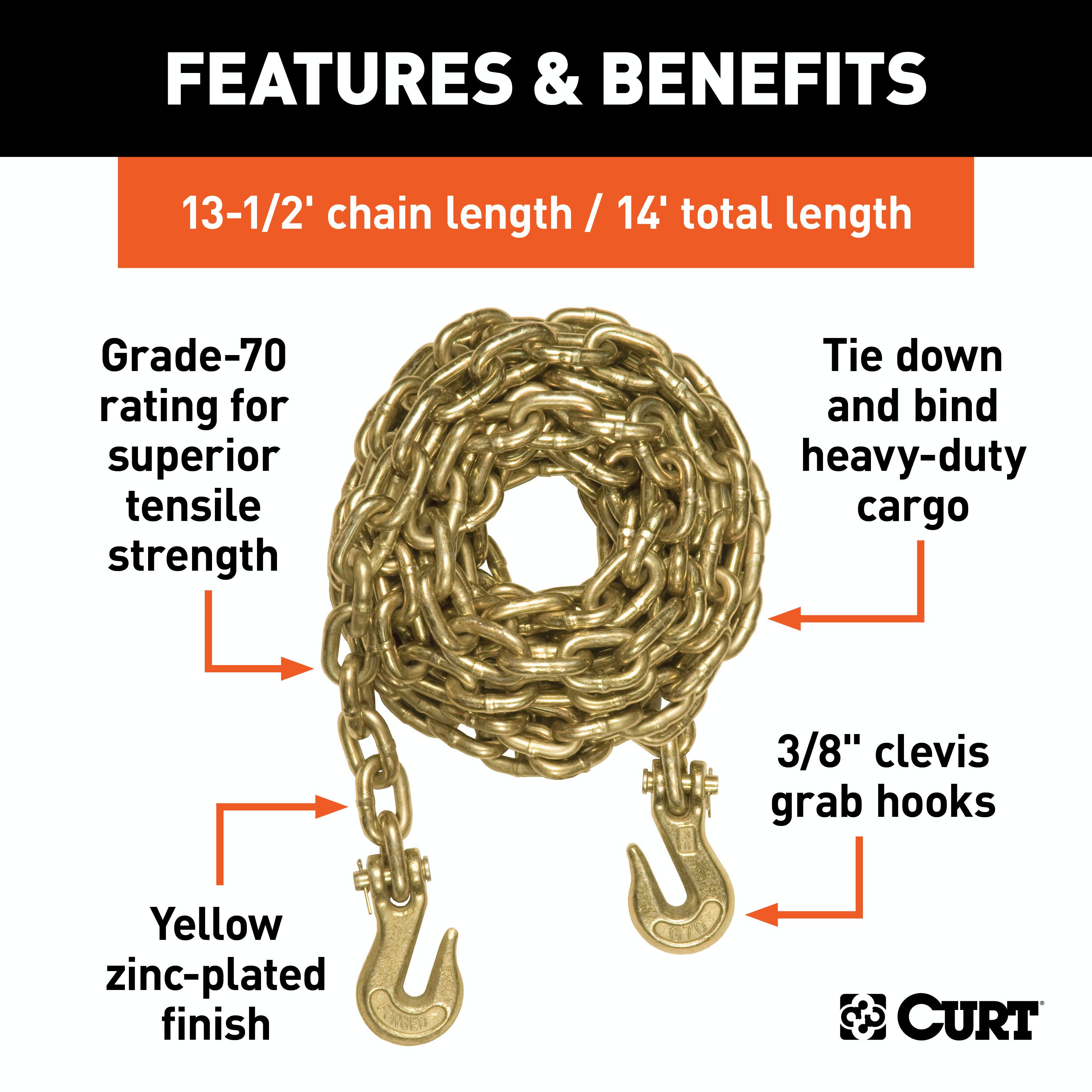 CURT 80309 14' Transport Binder Safety Chain with 2 Clevis Hooks (26,400 lbs, Yellow Zinc)