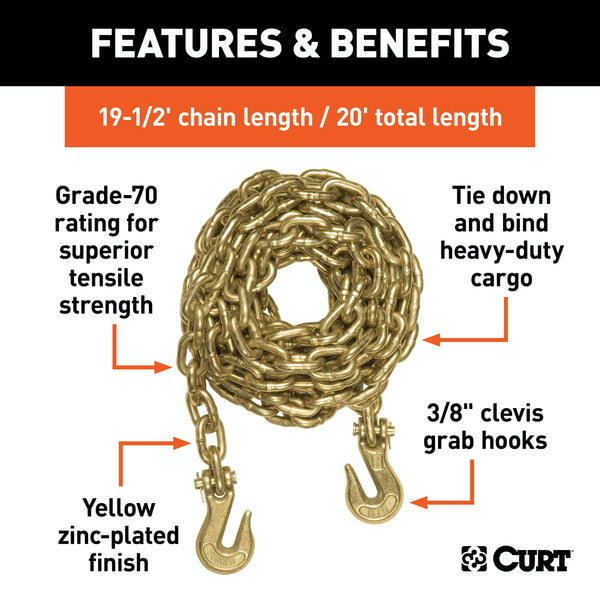 CURT 80311 20' Transport Binder Safety Chain with 2 Clevis Hooks (26,400 lbs, Yellow Zinc)