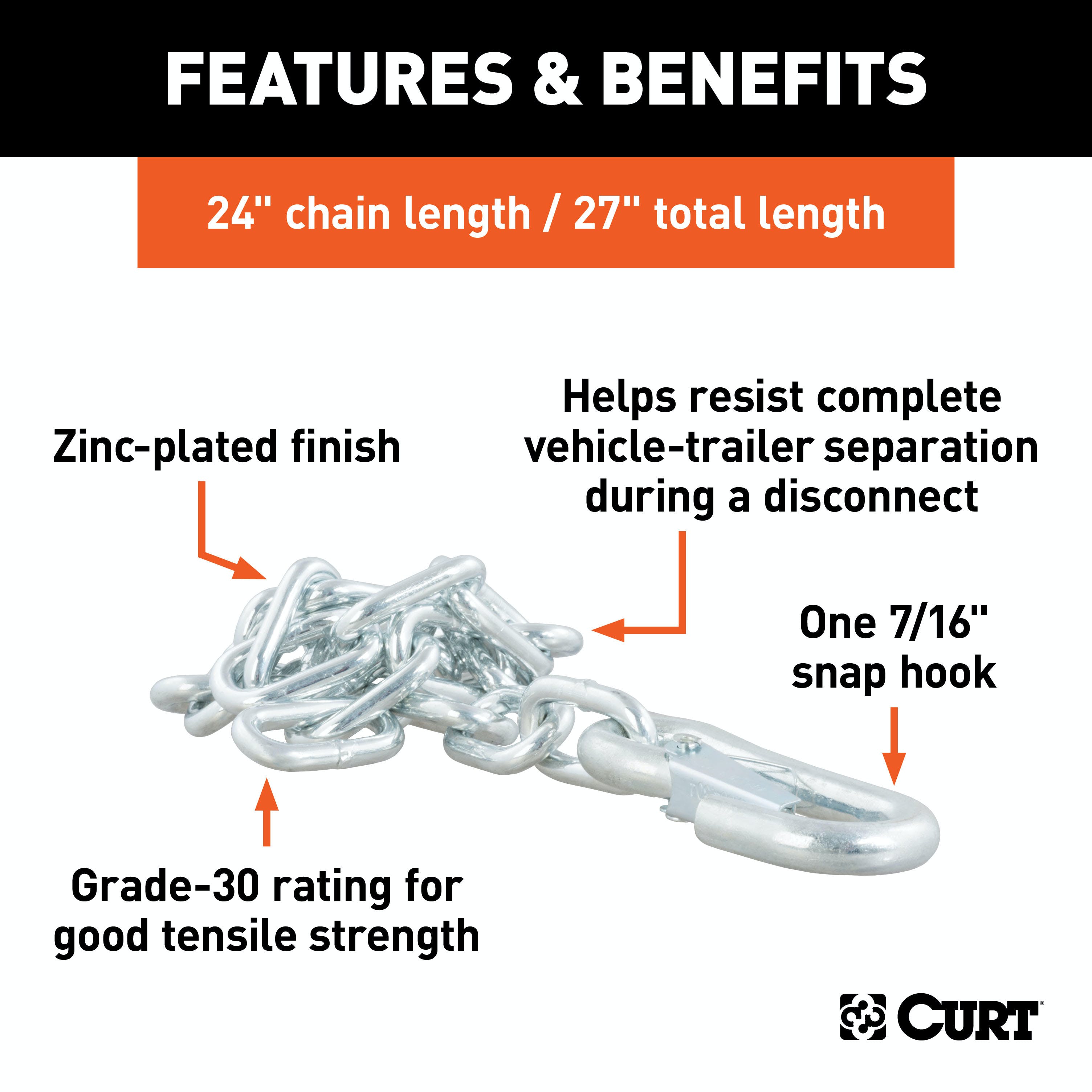 CURT 80313 27 Safety Chain with 1 Snap Hook (5,000 lbs, Clear Zinc)