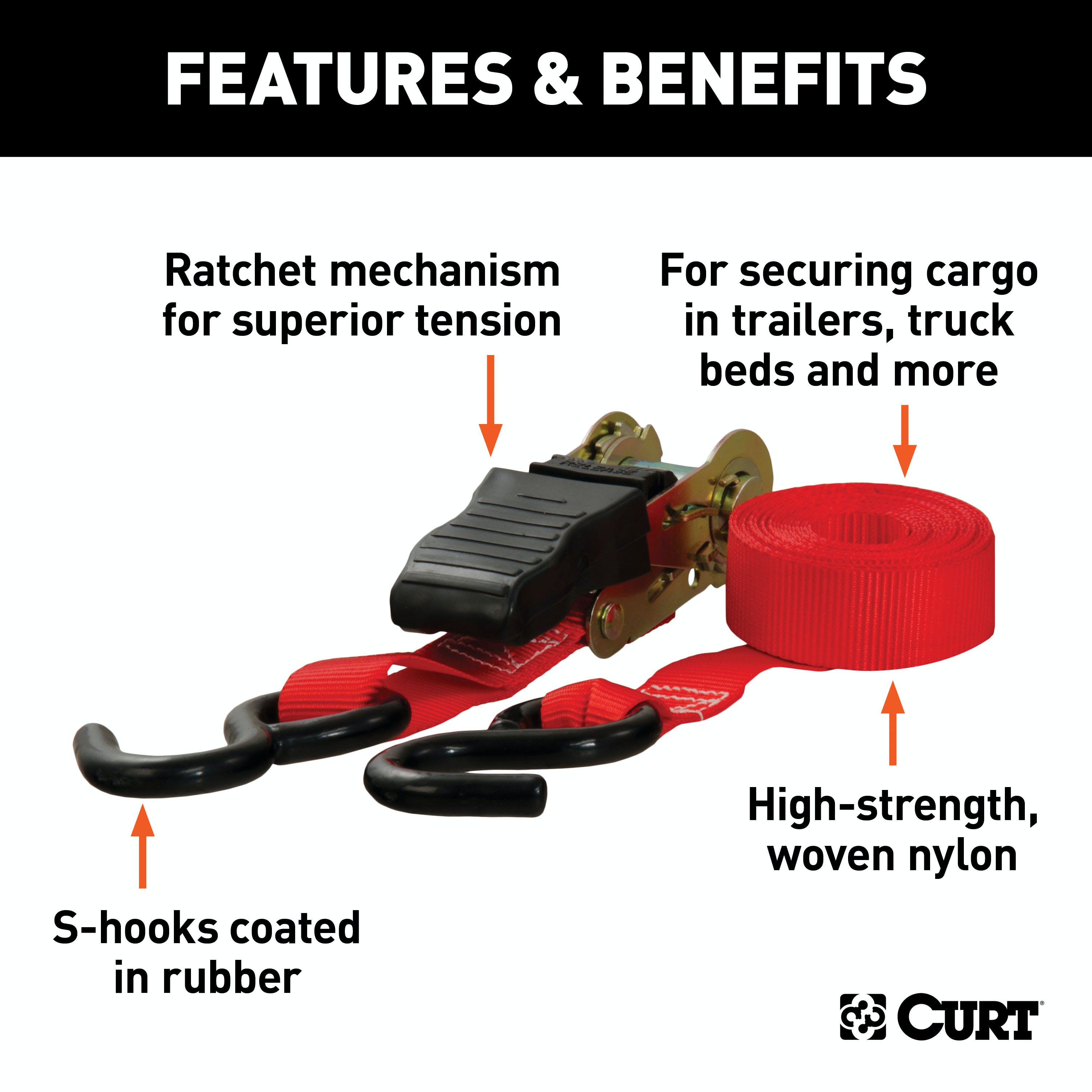 CURT 83001 10' Red Cargo Straps with S-Hooks (500 lbs, 2-Pack)