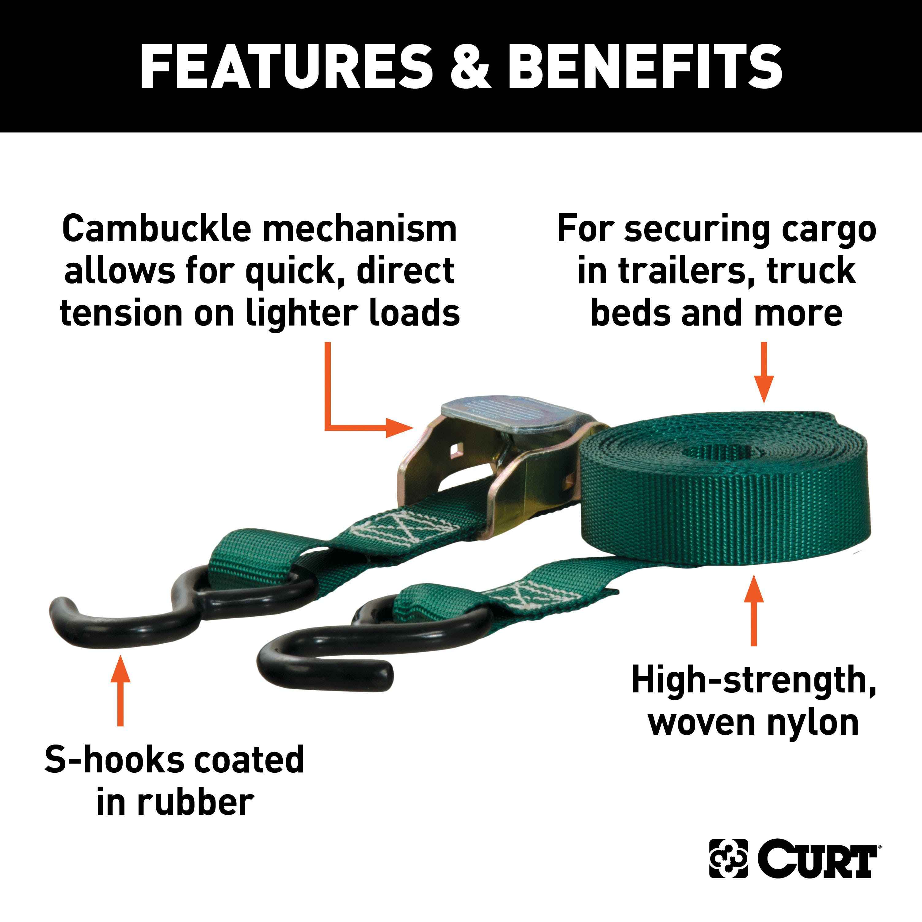 CURT 83015 15' Dark Green Cargo Straps with S-Hooks (300 lbs, 2-Pack)