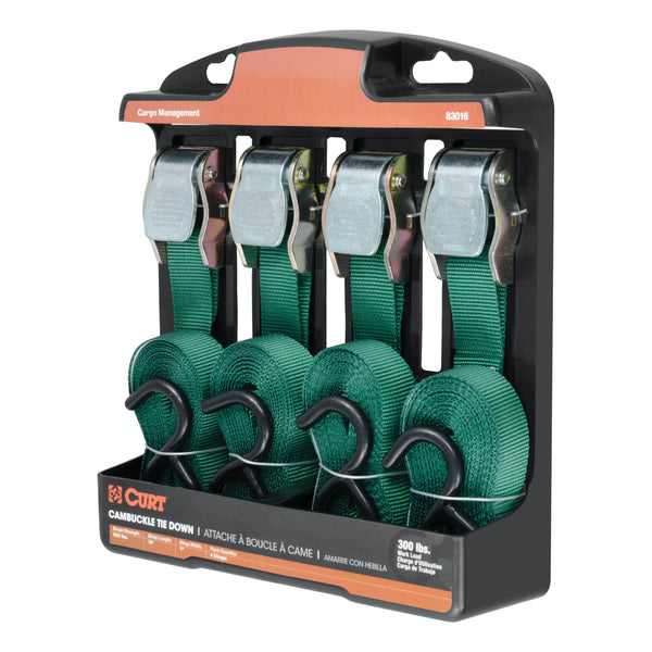 CURT 83016 16' Dark Green Cargo Straps with S-Hooks (300 lbs, 4-Pack)