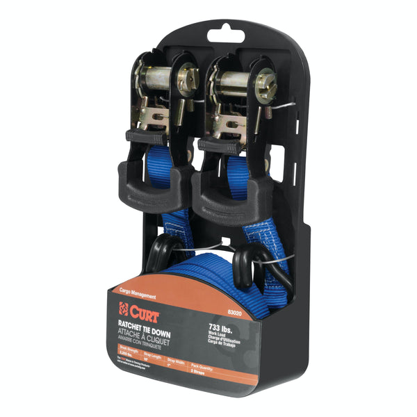 CURT 83020 16' Blue Cargo Straps with J-Hooks (733 lbs, 2-Pack)