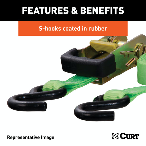 CURT 83028 16' Lime Green Cargo Straps with S-Hooks (1,100 lbs, 2-Pack)