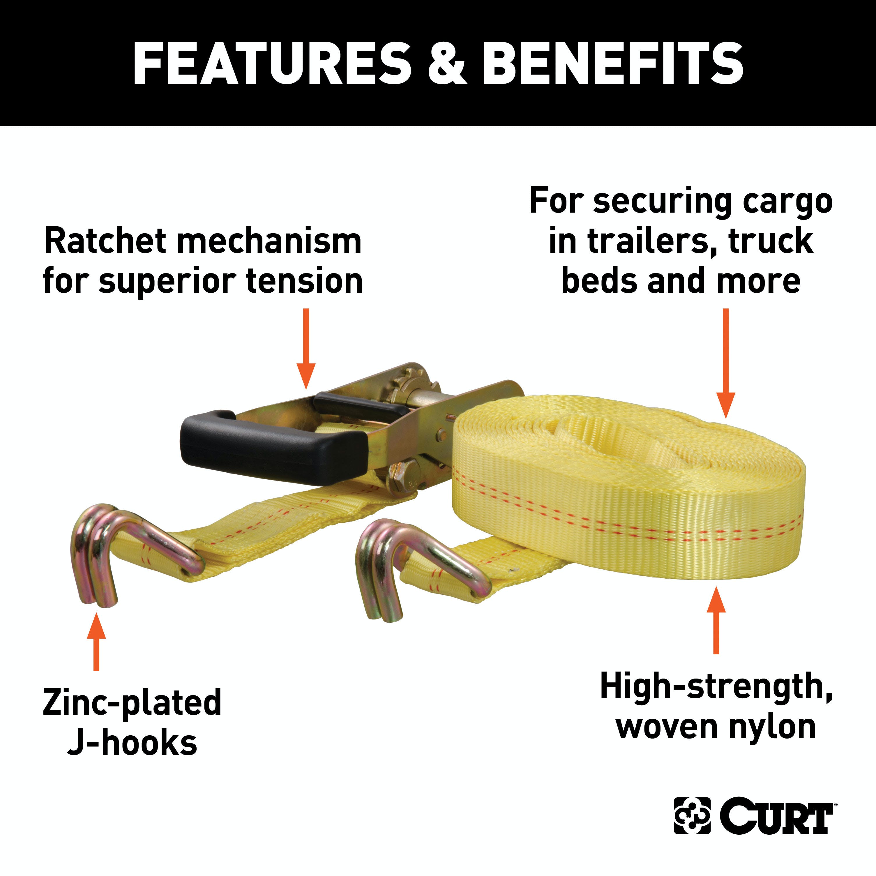 CURT 83047 27' Yellow Cargo Strap with J-Hooks (3,333 lbs.)