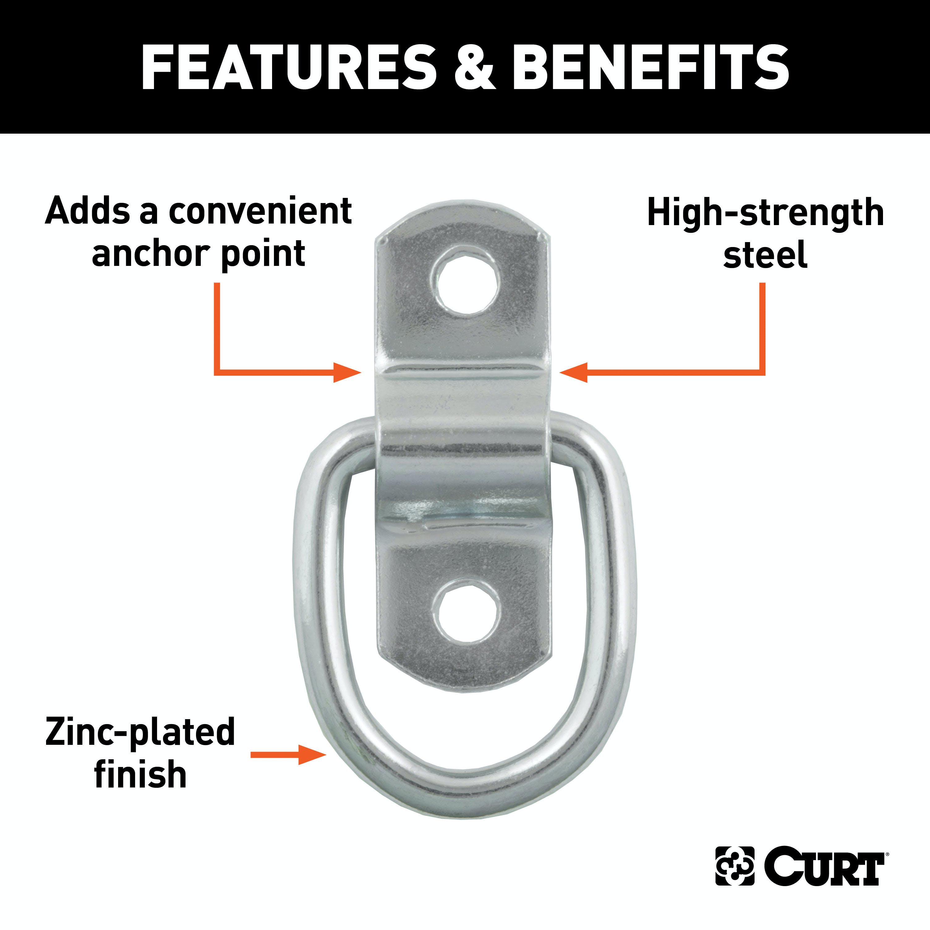 CURT 83730 1 x 1-1/4 Surface-Mounted Tie-Down D-Ring (1,200 lbs, Clear Zinc)