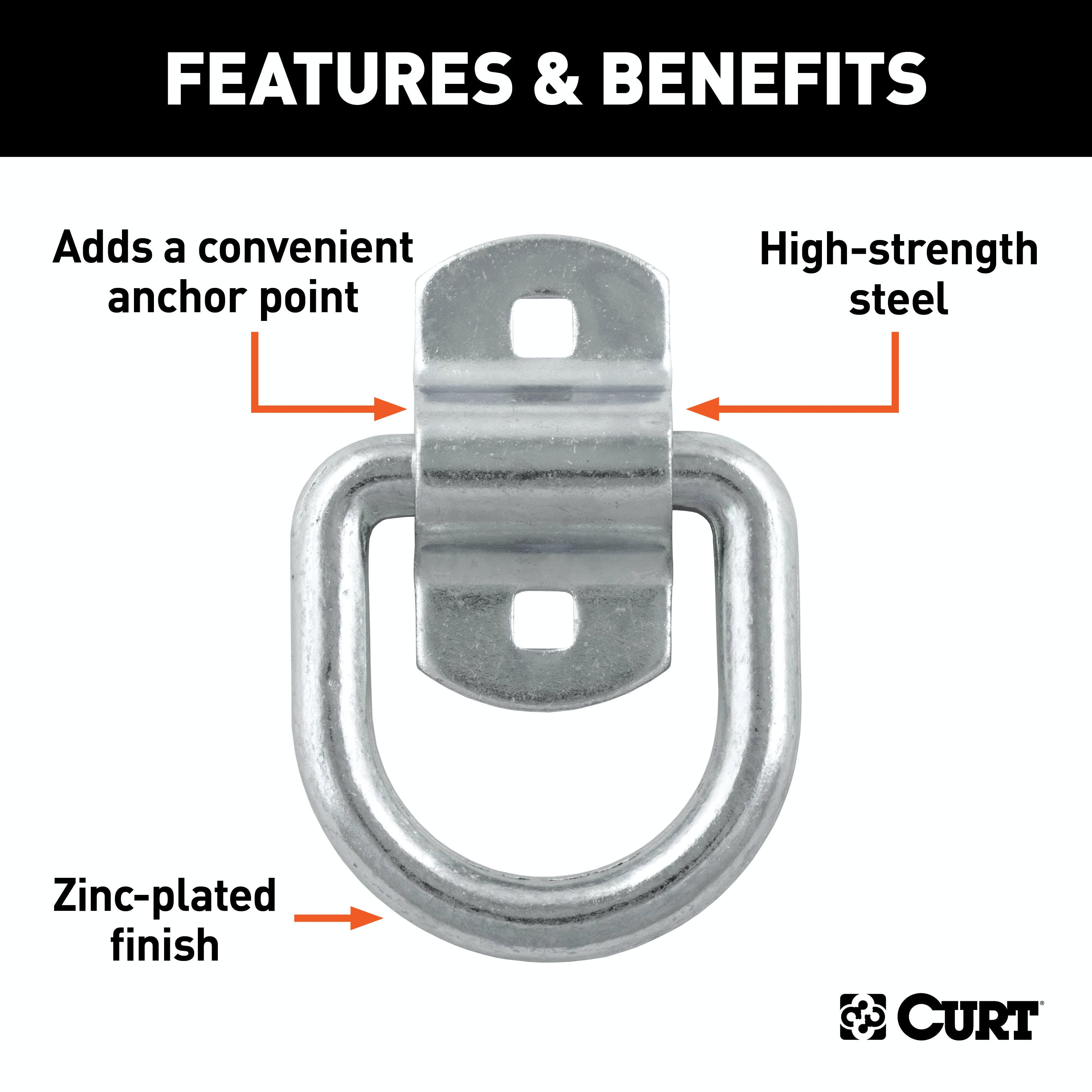 CURT 83742 3 x 3 Surface-Mounted Tie-Down D-Ring (3,600 lbs, Clear Zinc)