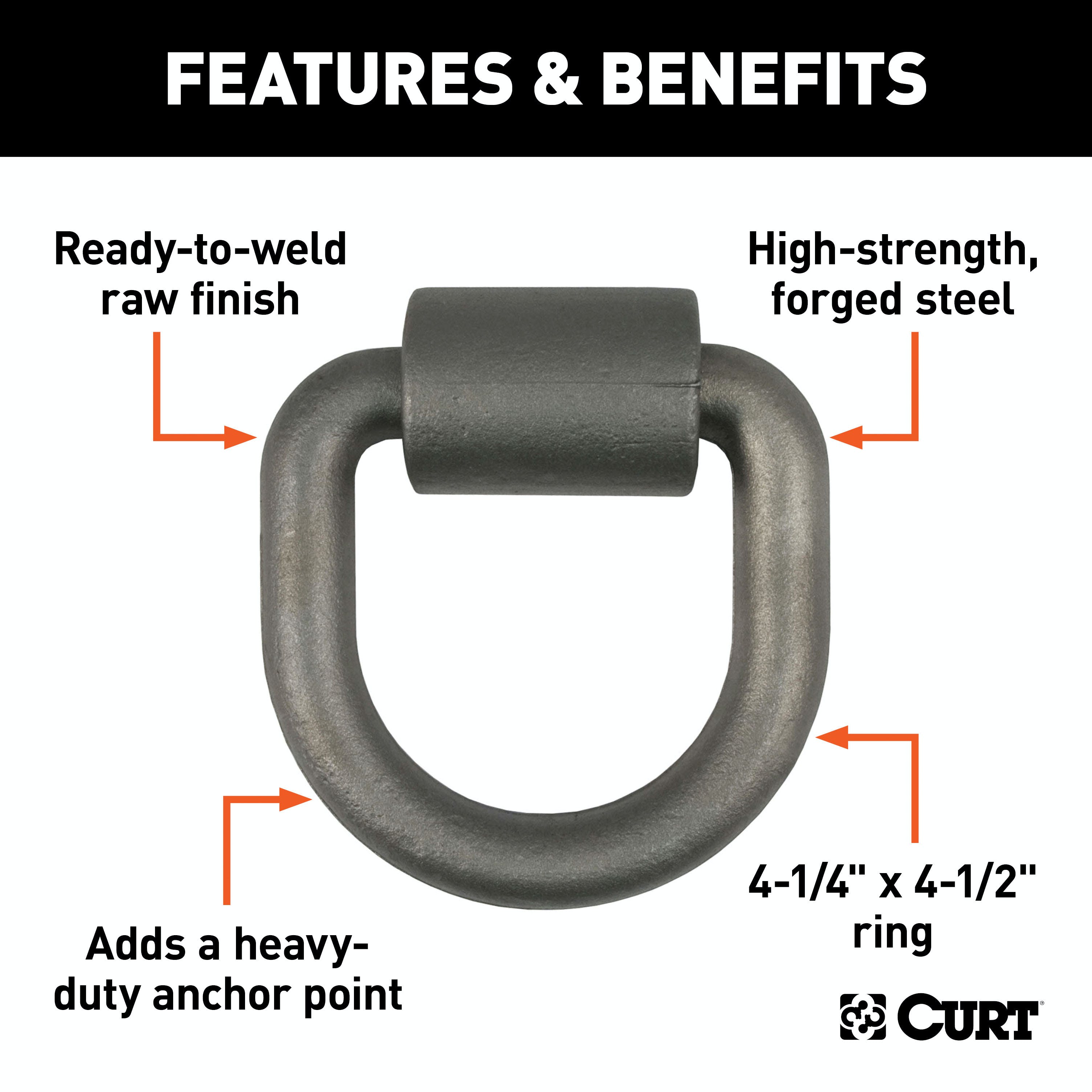 CURT 83760 3x 3 Weld-On Tie-Down D-Ring (8,833 lbs, Raw Steel)