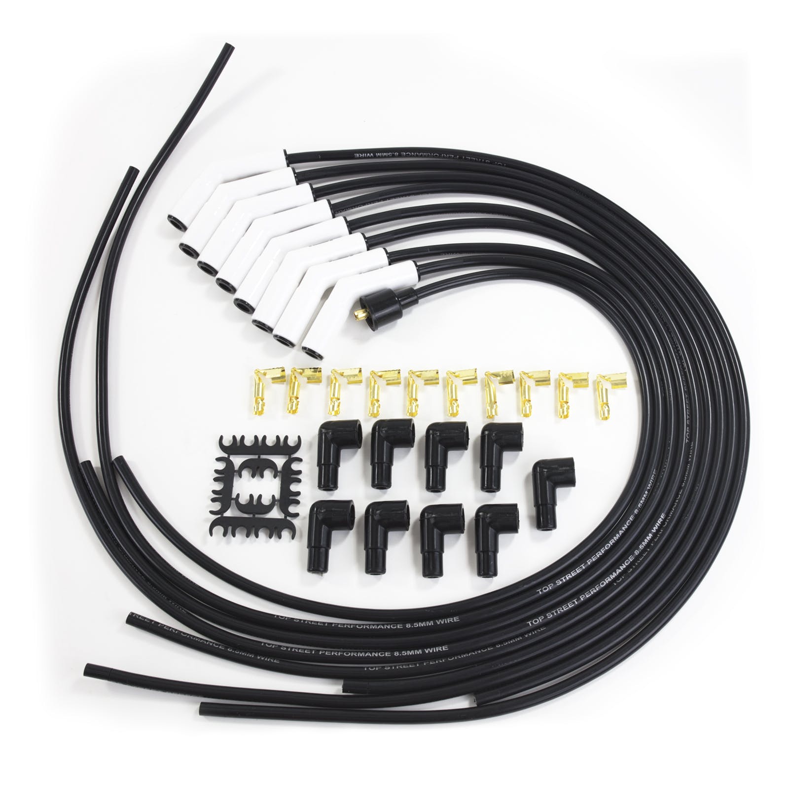 Top Street Performance 85035CE 8.5mm Universal Spark Plug Wire Set with 135° Ceramic Plug Boots, Black Wire