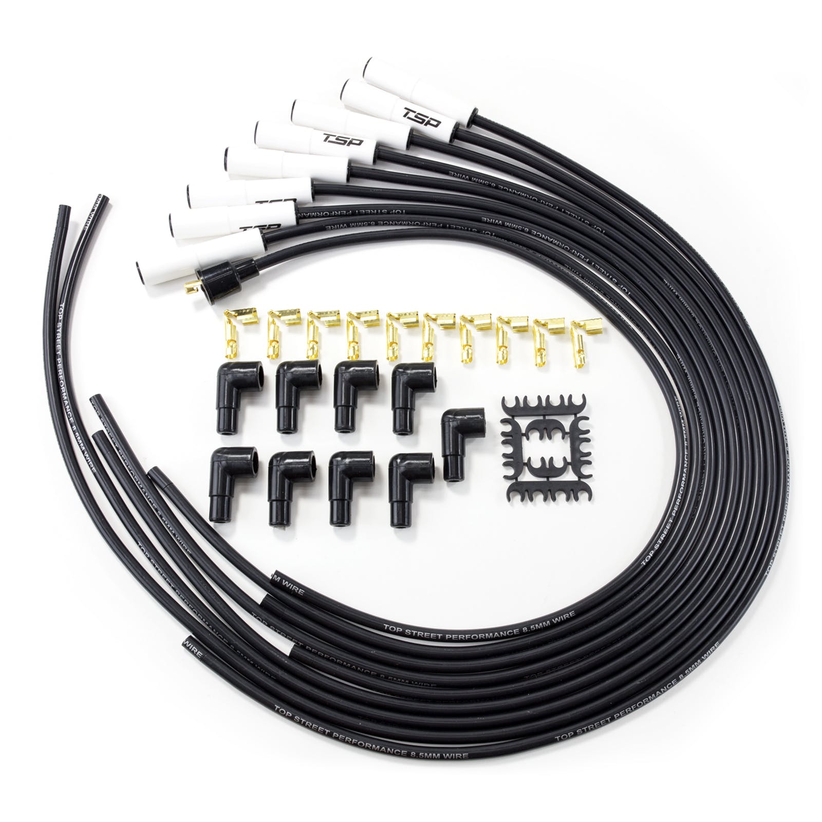 Top Street Performance 85080CE 8.5mm Universal Spark Plug Wire Set with 180° Ceramic Plug Boots, Black Wire