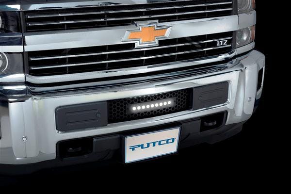 Putco 88195L Stainless Black Punch Design Bumper Grille with curved flush 10 inch Light Bar