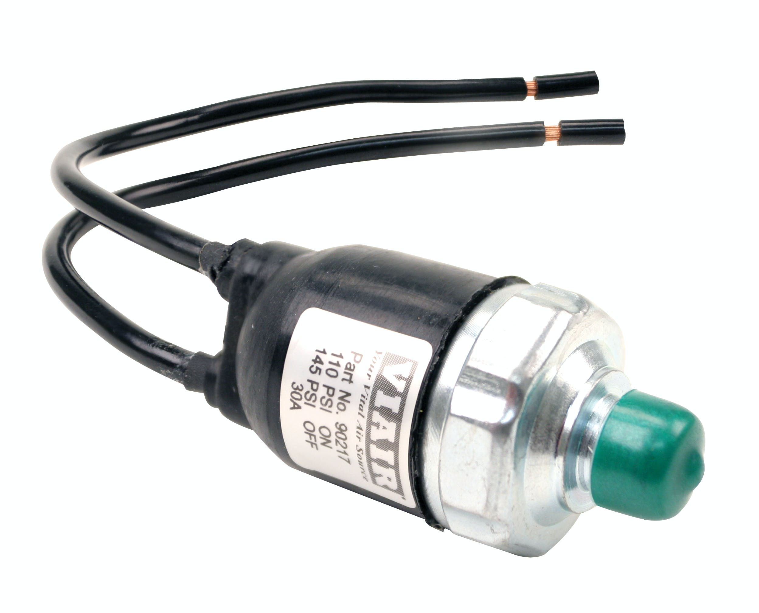 VIAIR 90217 Sealed Pressure Switch  1/8in M NPT Port  12 GA Lead Wires  110 psi On  145