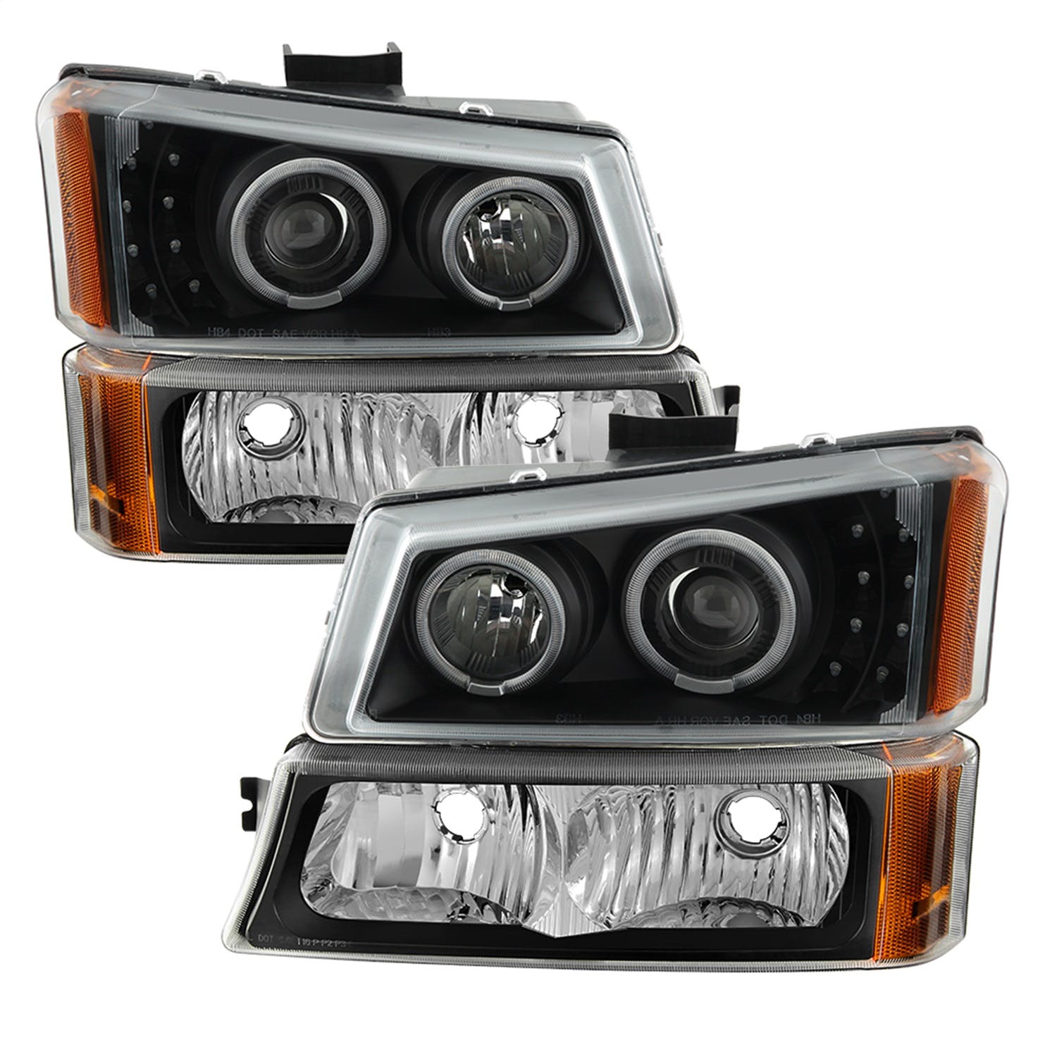 XTUNE POWER 9036774 Chevy Silverado 03 06 Silverado 1500HD 03 07 Avalanche 02 06 Bumper lights and Projector Headlights 4pcs ( Will Not Fit Model With Body Cladding ) LED Halo Black