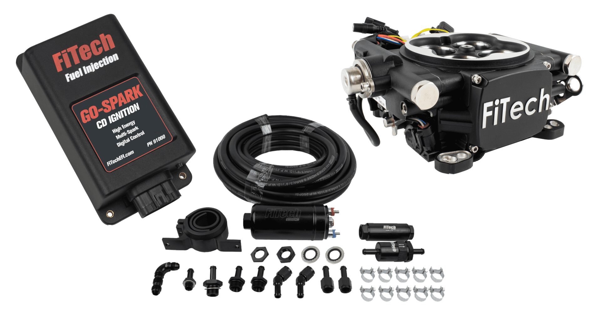 FiTech 93102 Go EFI 4 System (Black Finish) Master Kit w/ Inline Fuel Pump, w/CDI box