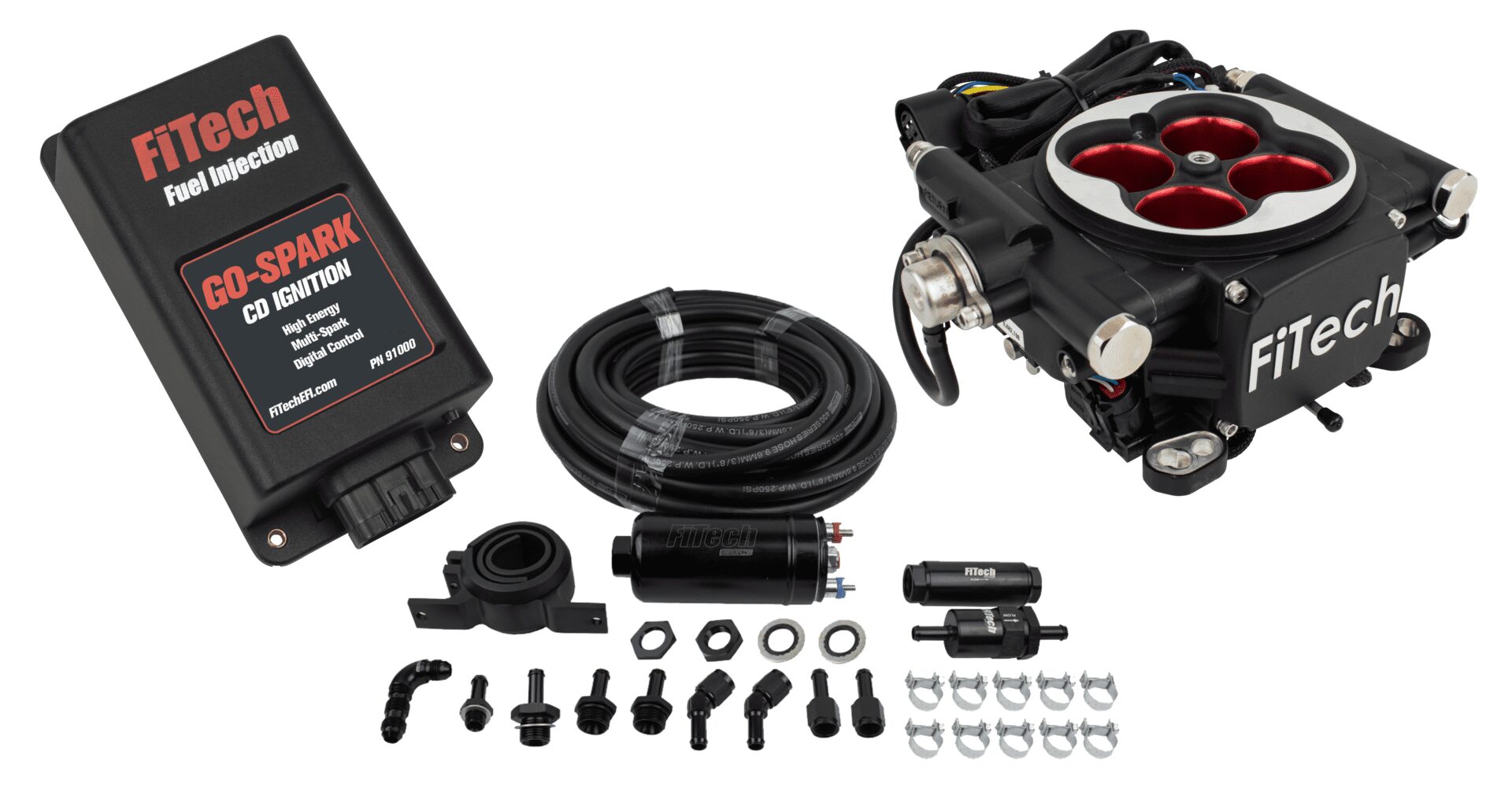 FiTech 93104 Go EFI 4 System (Power Adder) Master Kit w/ Inline Fuel Pump, w/CDI box
