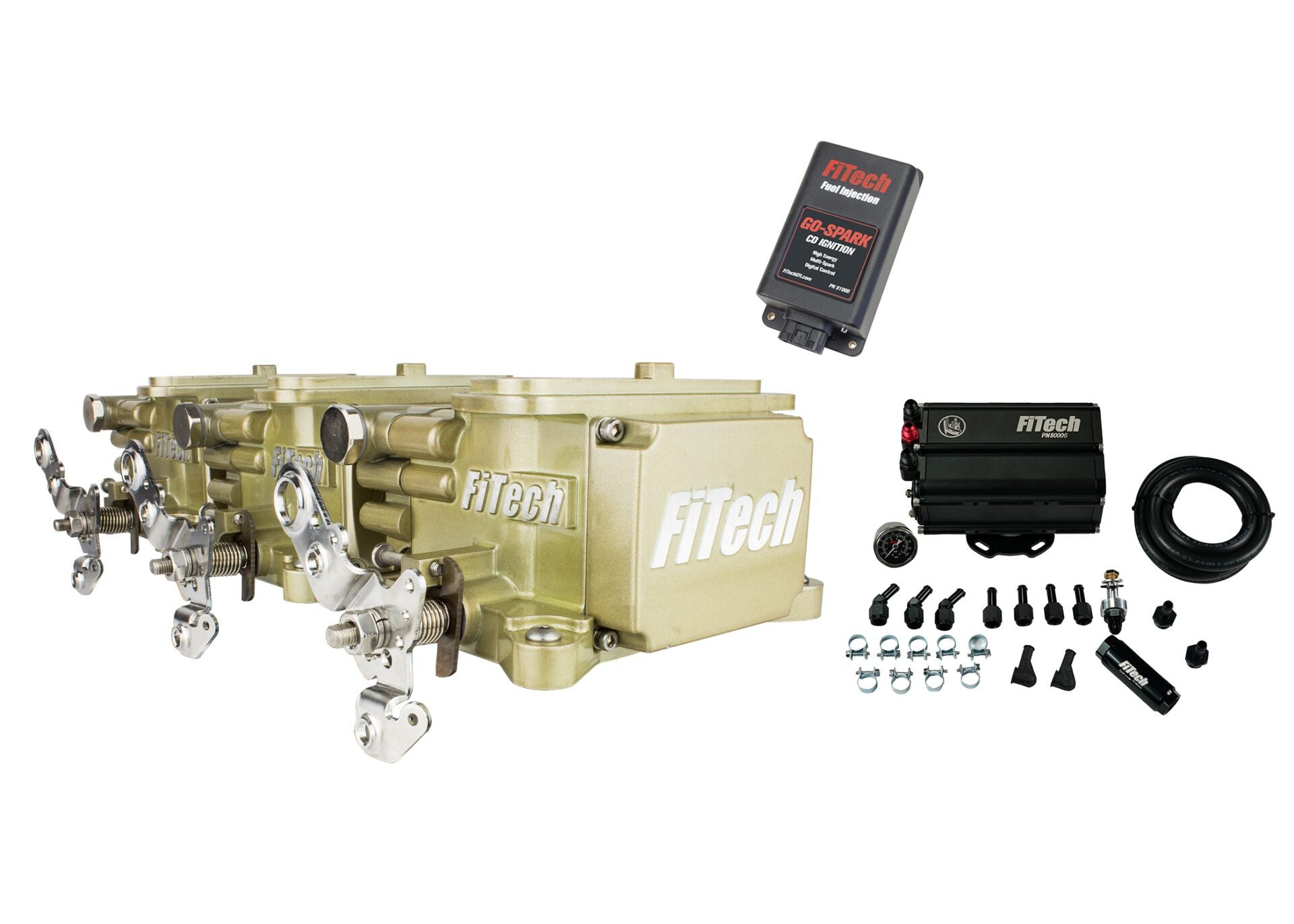 FiTech 93550 Go EFI 3x2 Tri Power 800 HP Classic Gold EFI System w/ Force Fuel Mini Delivery
