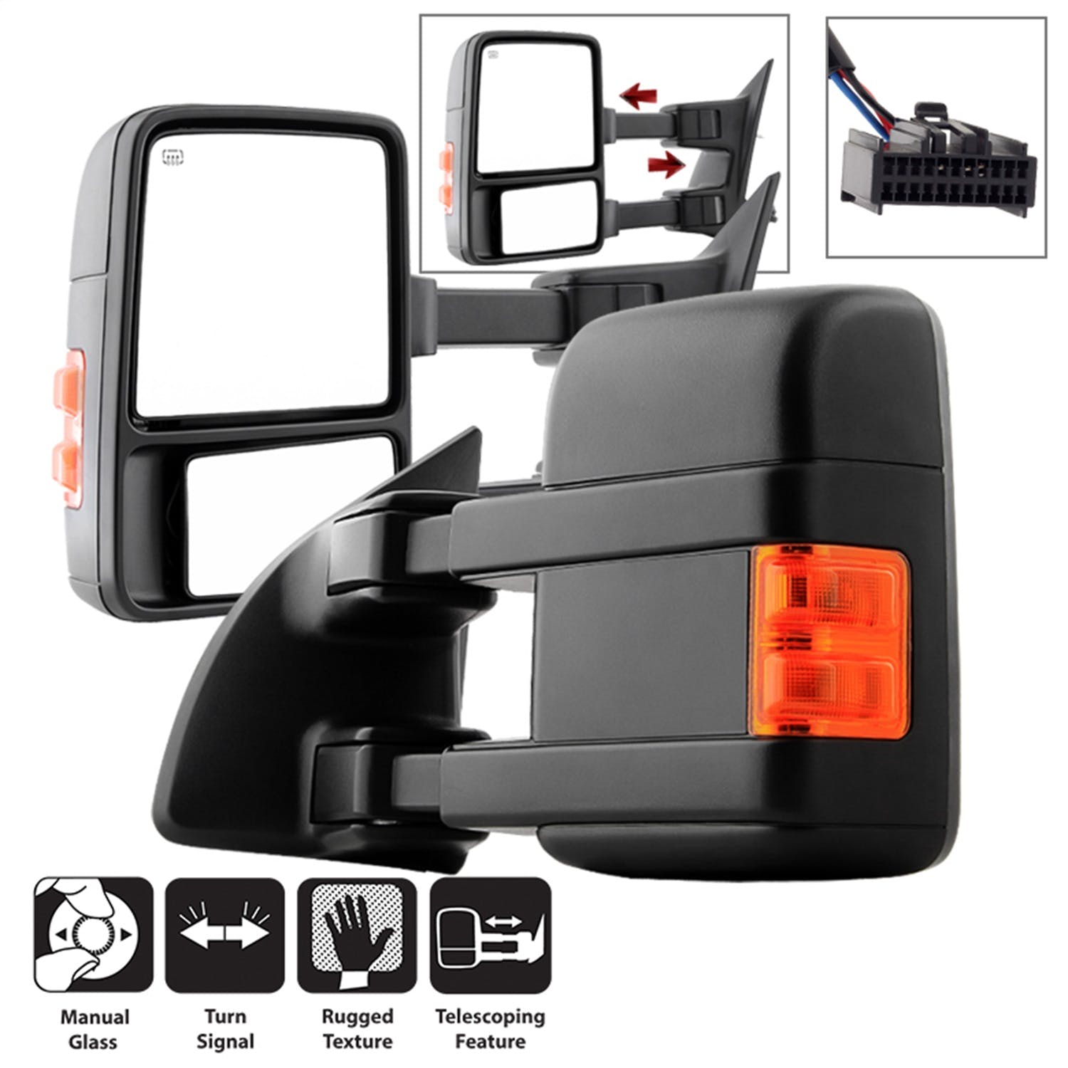 XTUNE POWER 9935794 Ford SuperDuty 99 15 LandR Manual Extendable Manual Adjust Mirror with LED Signal Amber SET