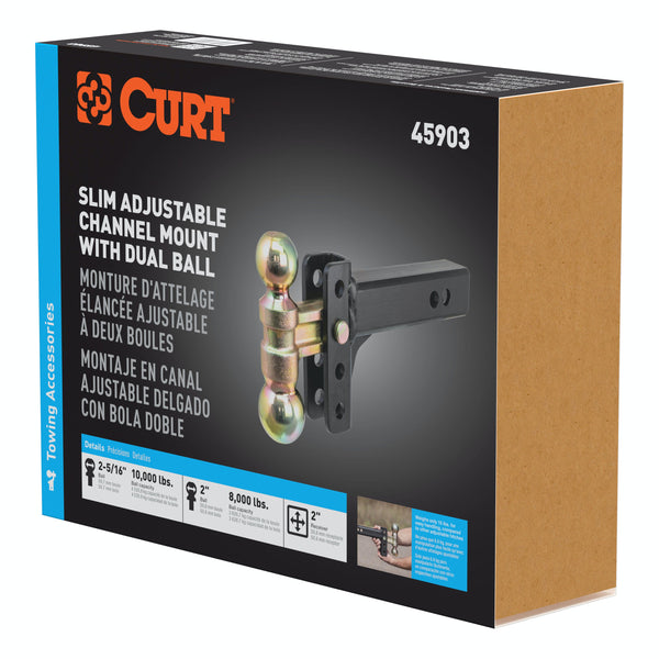 CURT 45903 Slim Adjustable Channel Mount with Dual Ball (2 Shank, 10K, 3-3/4 Drop)