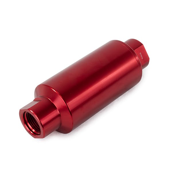Top Street Performance JM1021R Aluminum Inline Fuel Filter With 10 Micron Element, ORB-10, Red