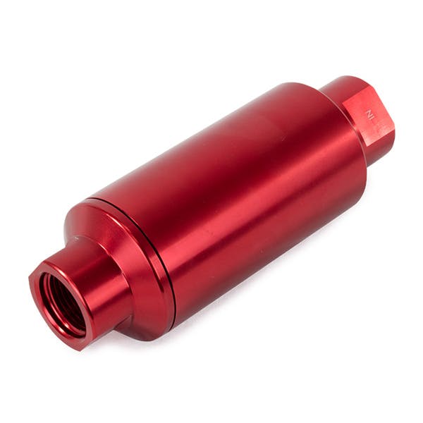 Top Street Performance JM1023R Aluminum Inline Fuel Filter With 100 Micron Element, ORB-10, Red