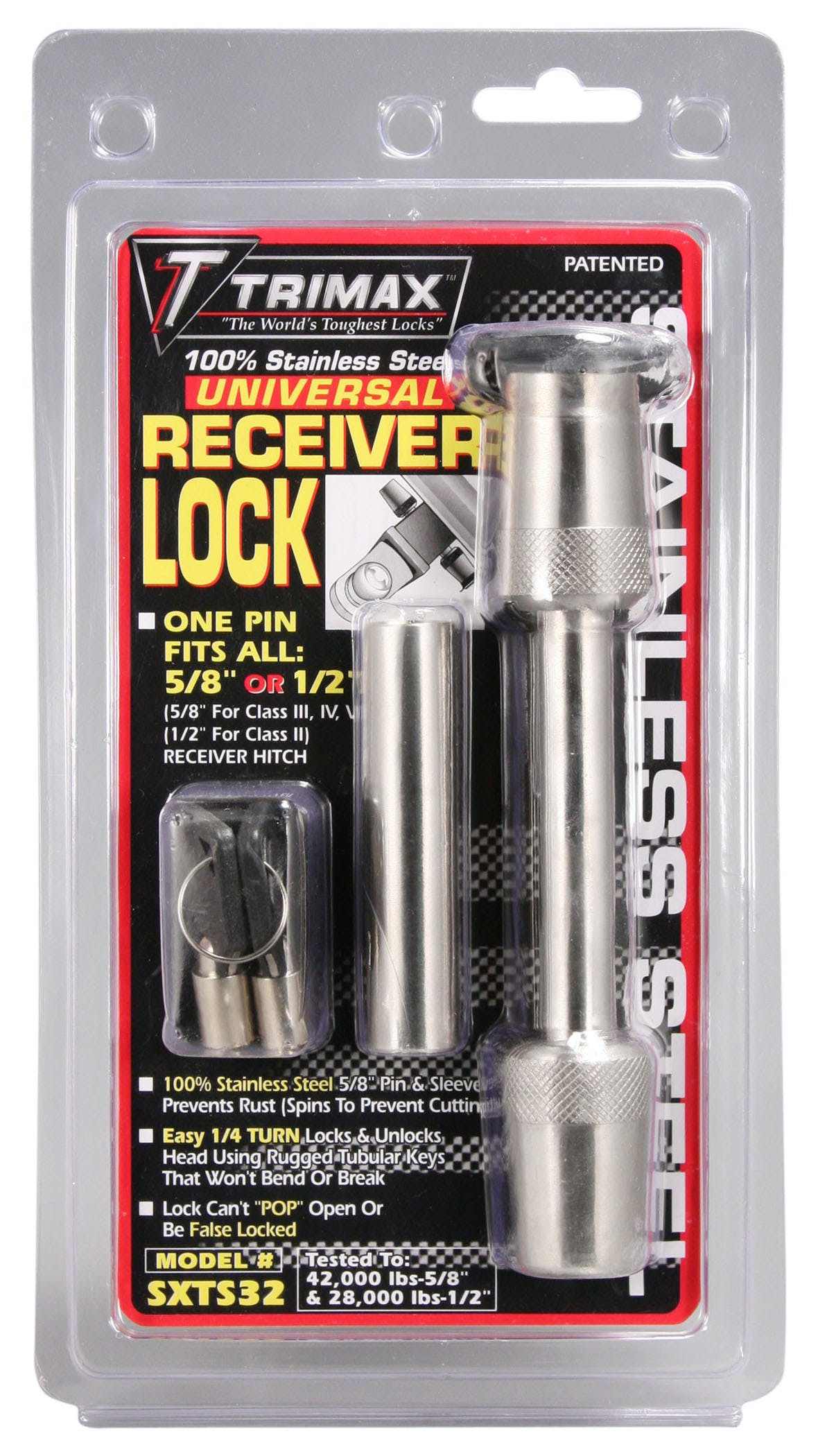 TRIMAX SXTS32 Premium 100% Stainless Steel Receiver Lock - Fits 1/2: And 5/8 inch