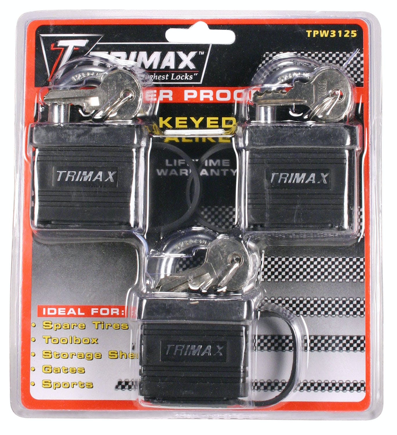 TRIMAX TPW3125 3 Pack Of Keyed -Alike Tpw1125 Weather Proof Padlocks