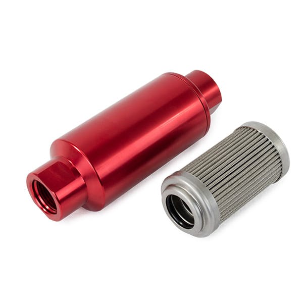 Top Street Performance JM1023R Aluminum Inline Fuel Filter With 100 Micron Element, ORB-10, Red