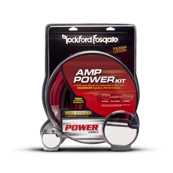 Rockford Fosgate Dual amp complete kit: 17ft 4AWG power wire, 6ft 8AWG power wire, 3ft 4AWG groun pn rfk4d